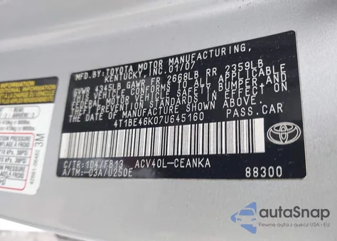 2007 Toyota Camry Ce z USA, uszkodzony, nr VIN 4T1BE46K07U645160